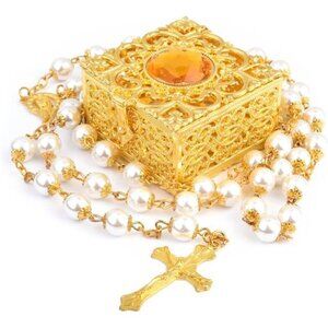 White Pearl Rosary Beads with Vintage Keepsake Box – Yellow Gold Gemstone Accent